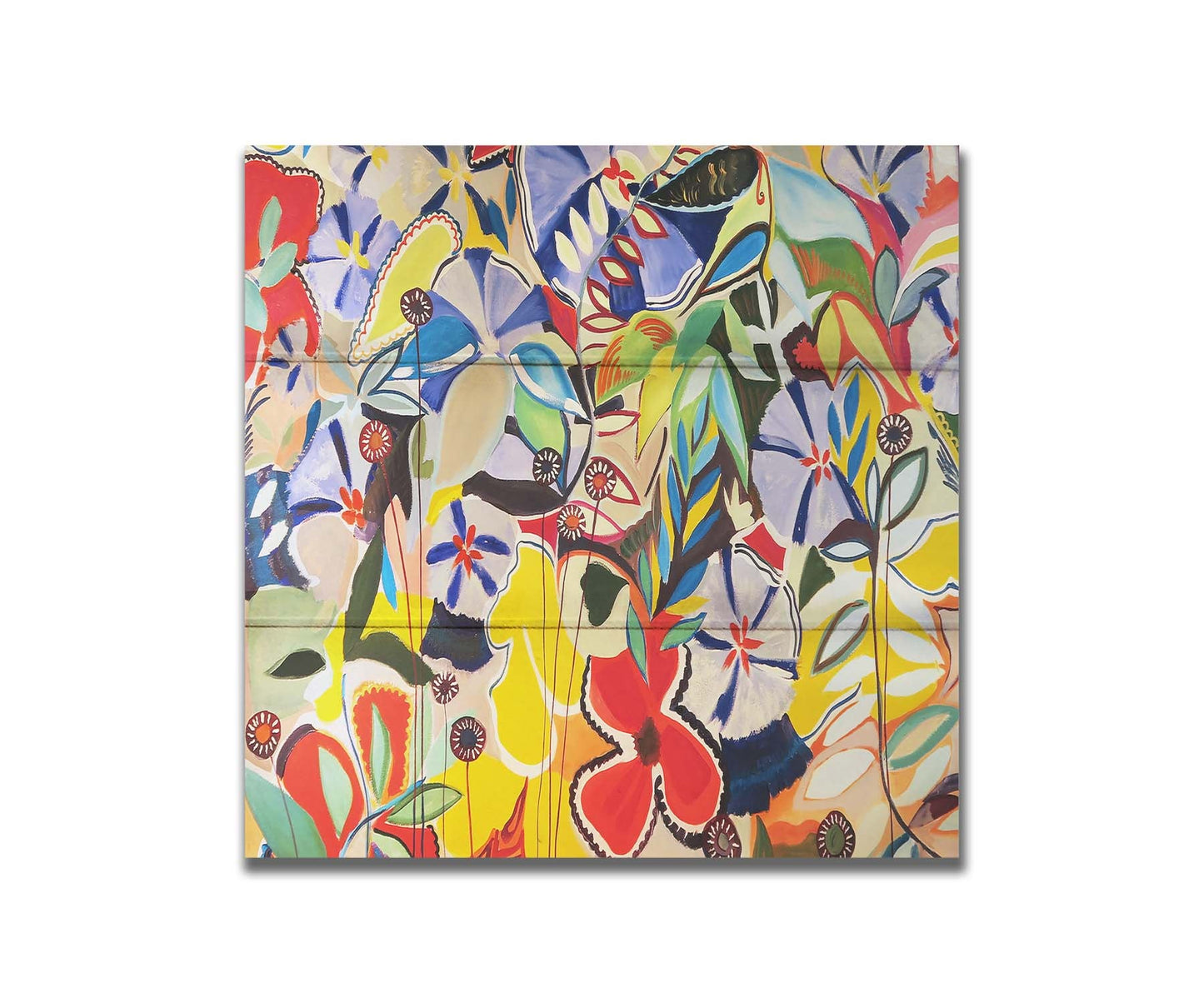 An abstract painting of a variety of flowers and leaves in vibrant, flat colors. Printed on a box board.