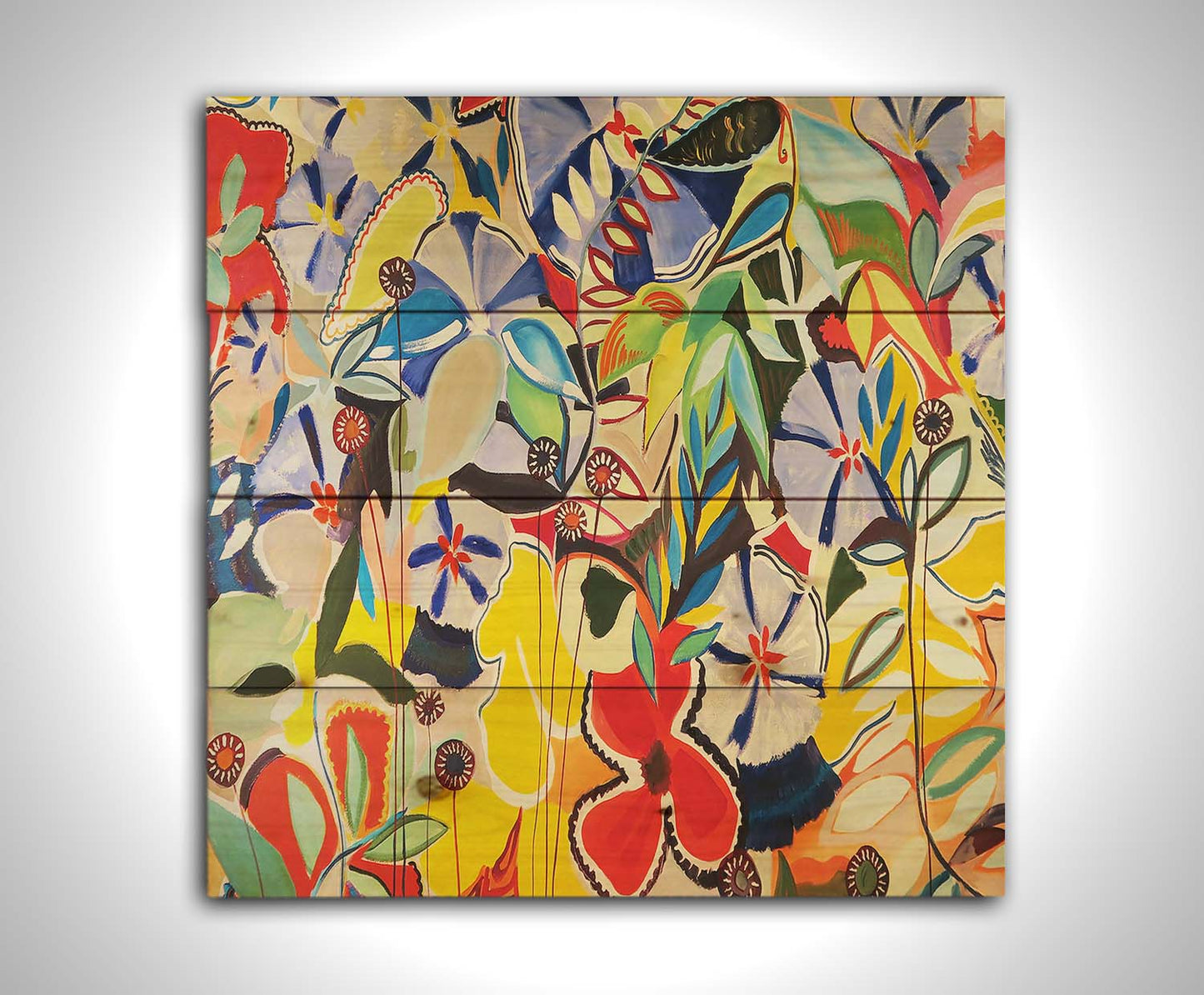 An abstract painting of a variety of flowers and leaves in vibrant, flat colors. Printed on a wood pallet.