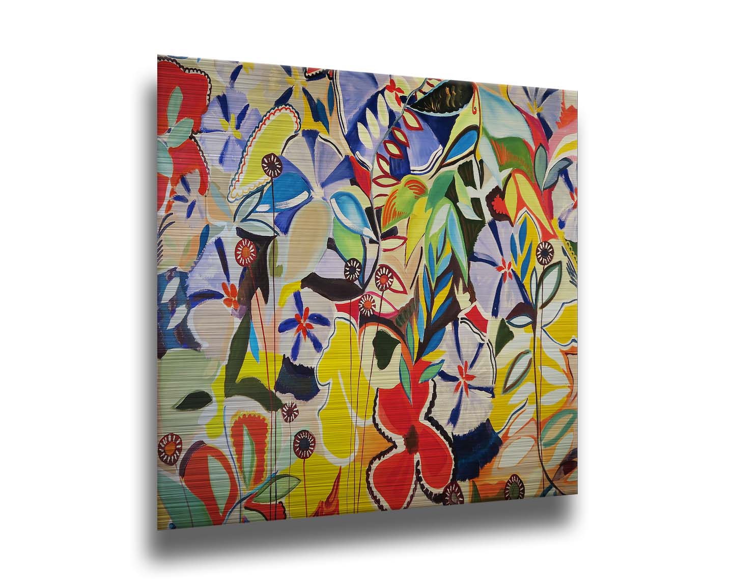 An abstract painting of a variety of flowers and leaves in vibrant, flat colors. Printed on metal.