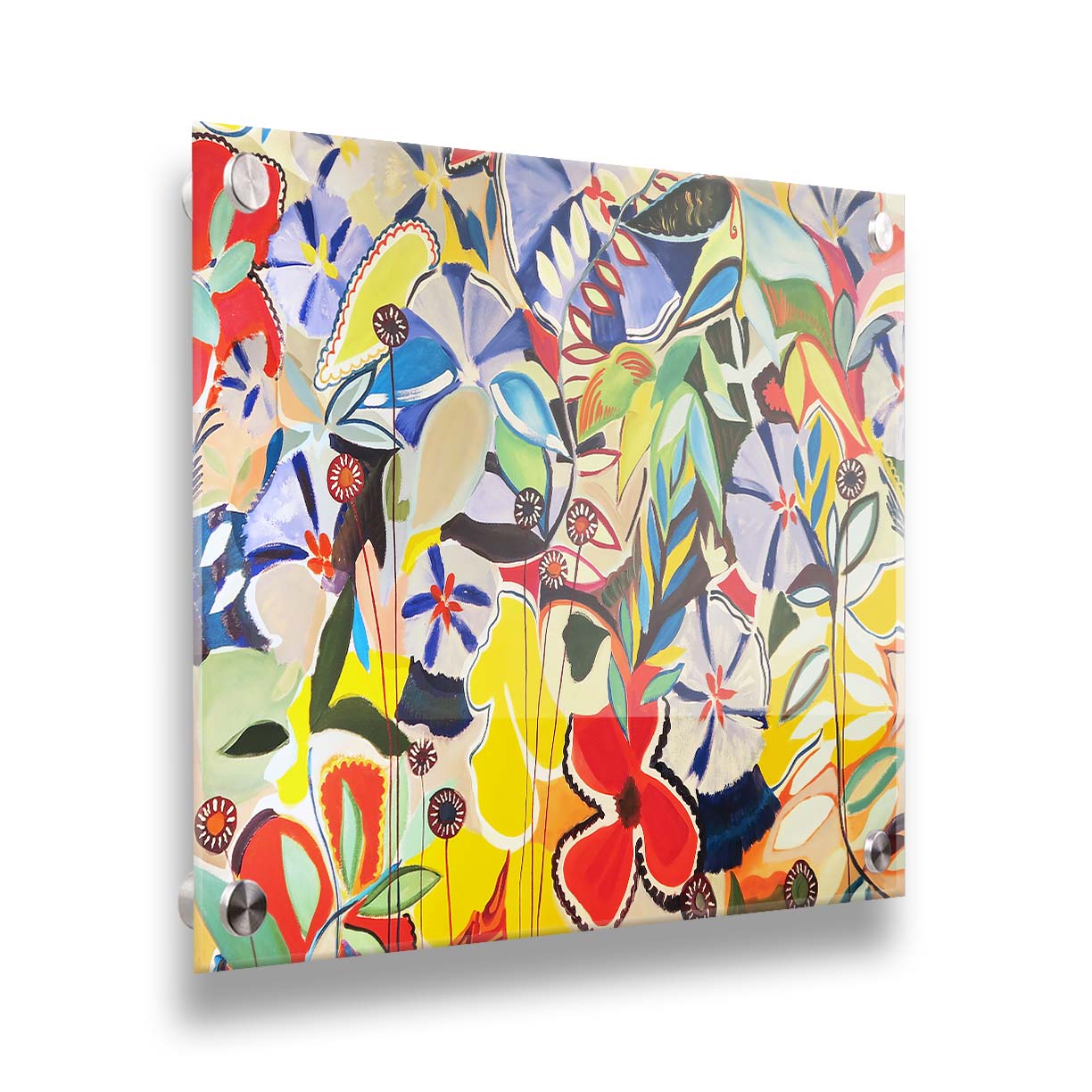 An abstract painting of a variety of flowers and leaves in vibrant, flat colors. Printed on acrylic.