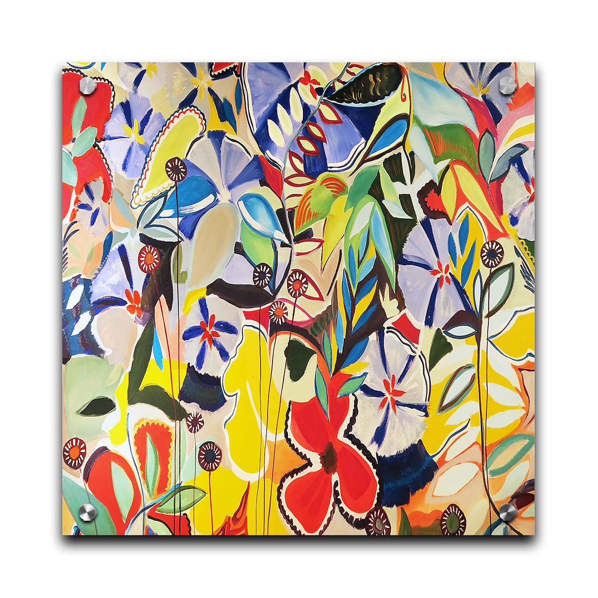 An abstract painting of a variety of flowers and leaves in vibrant, flat colors. Printed on acrylic.