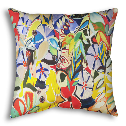 Throw pillow designed with an abstract painting of a variety of flowers and leaves in vibrant, flat colors.
