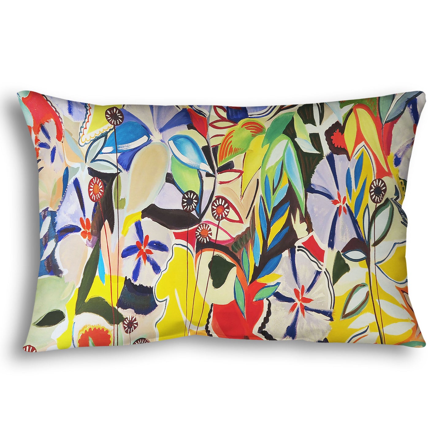 Throw pillow designed with an abstract painting of a variety of flowers and leaves in vibrant, flat colors.