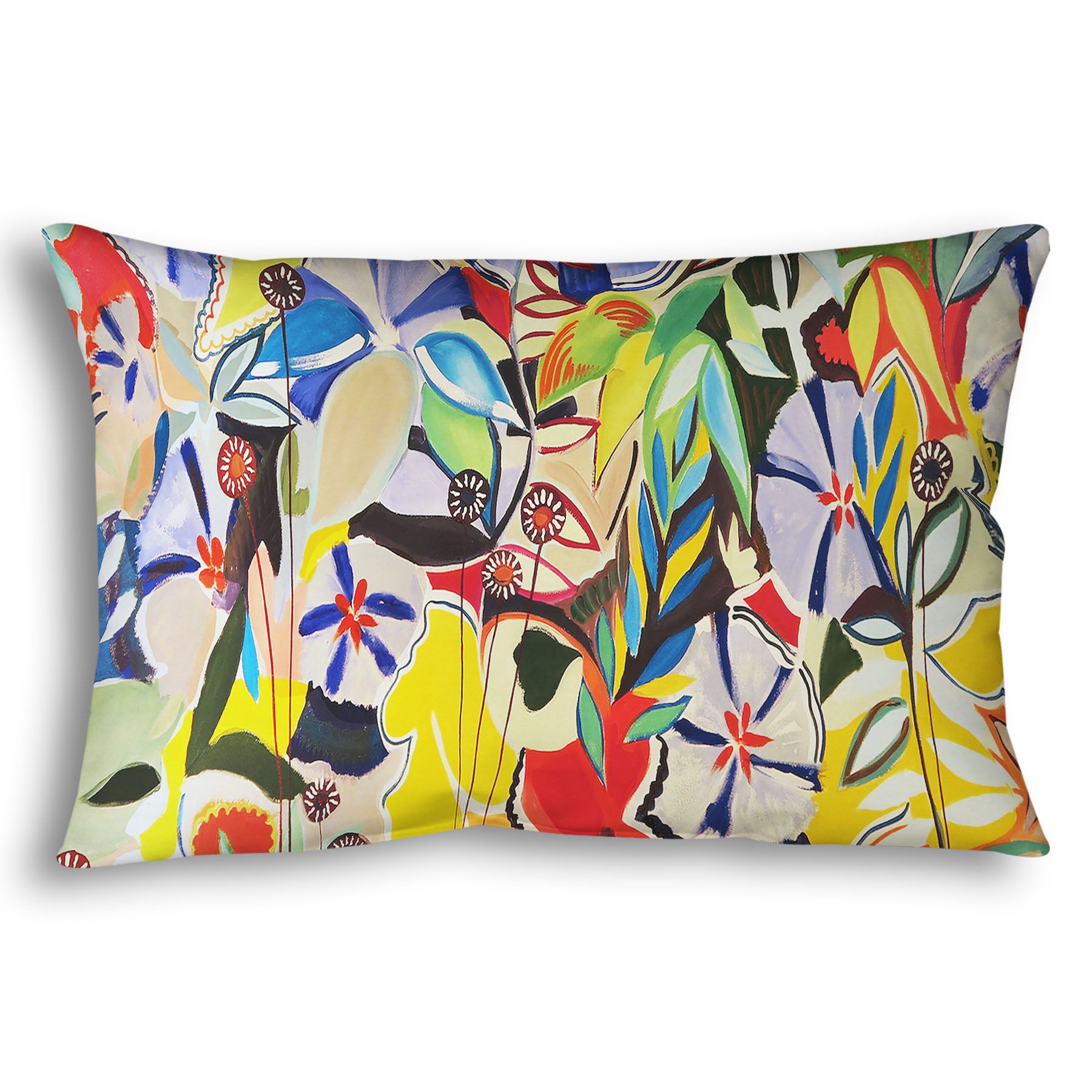 Throw pillow designed with an abstract painting of a variety of flowers and leaves in vibrant, flat colors.