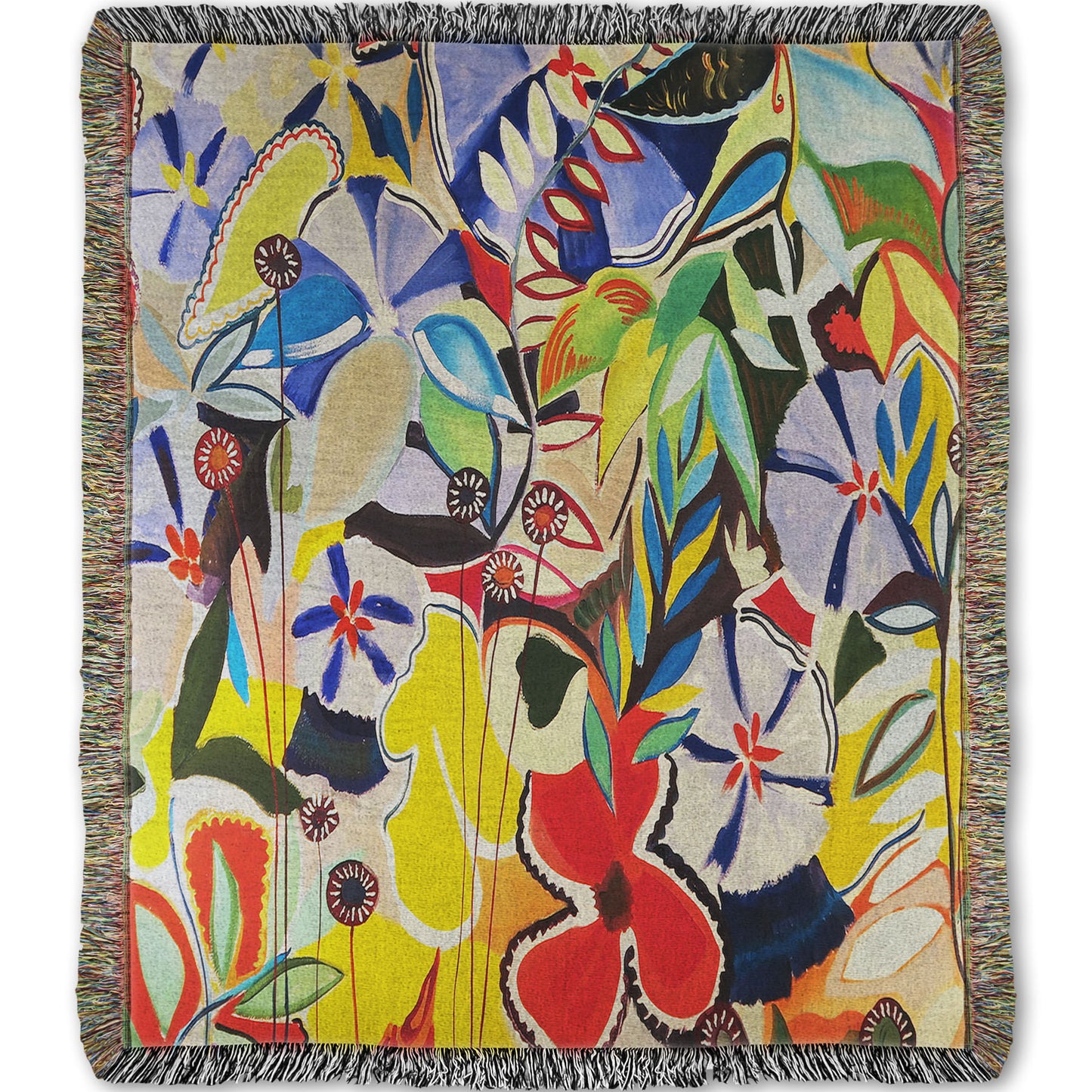 Woven throw blanket designed with an abstract painting of a variety of flowers and leaves in vibrant, flat colors.