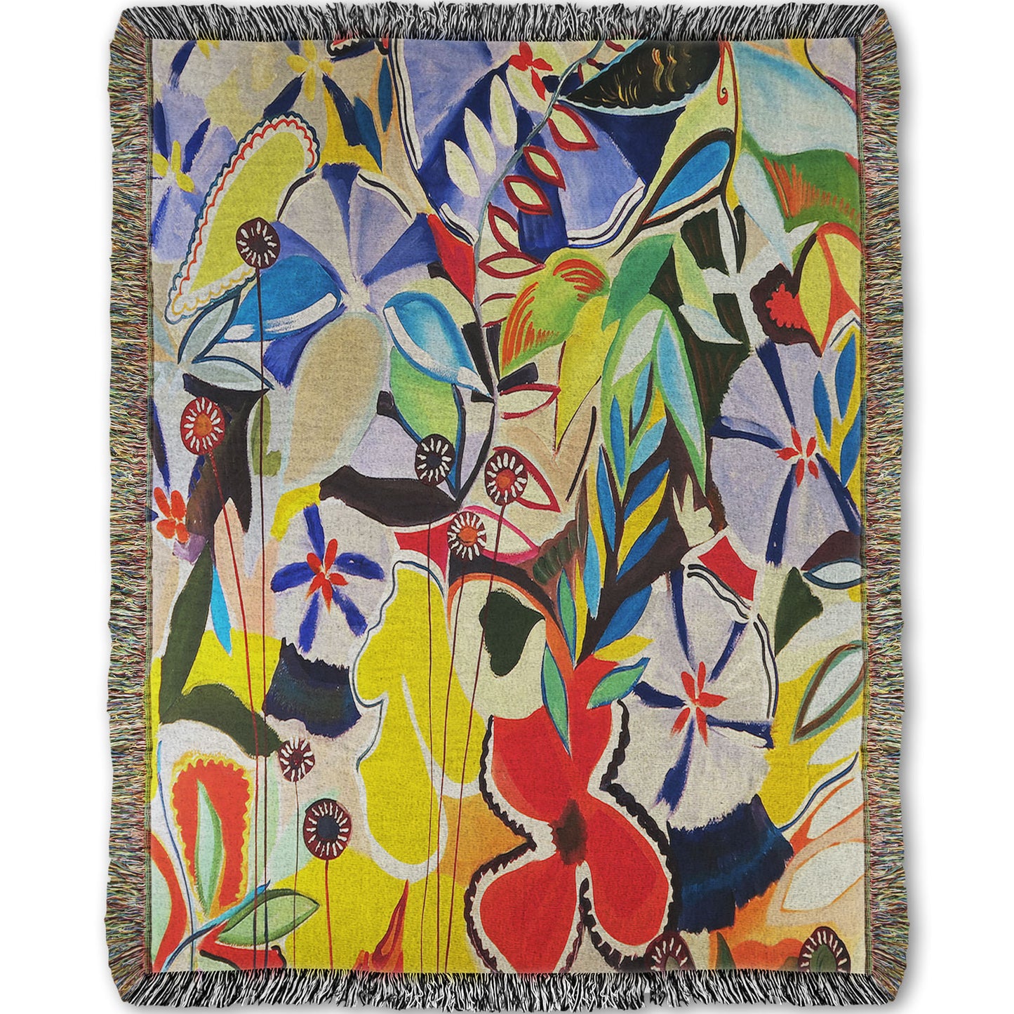 Woven throw blanket designed with an abstract painting of a variety of flowers and leaves in vibrant, flat colors.