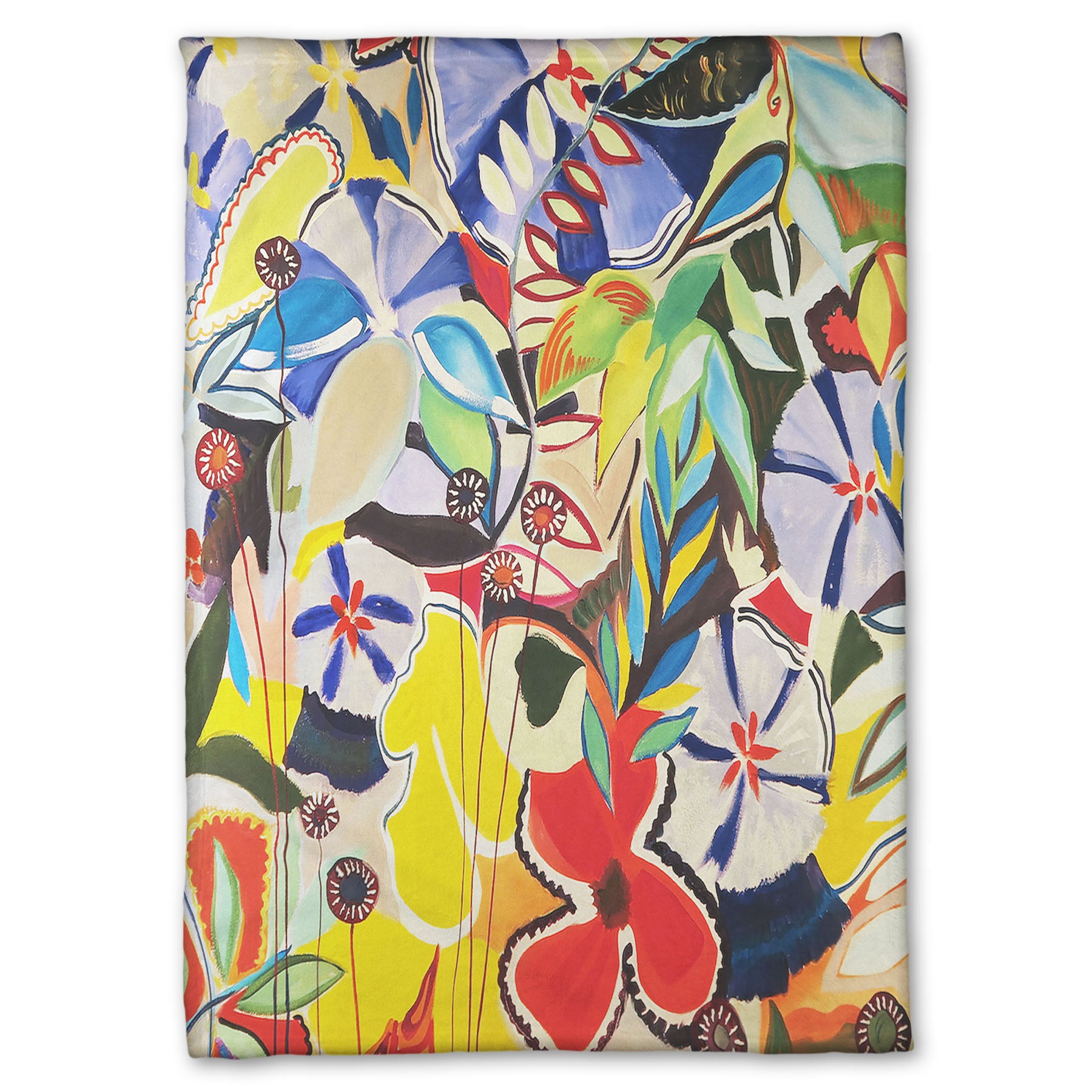 Coral fleece throw blanket designed with an abstract painting of a variety of flowers and leaves in vibrant, flat colors.