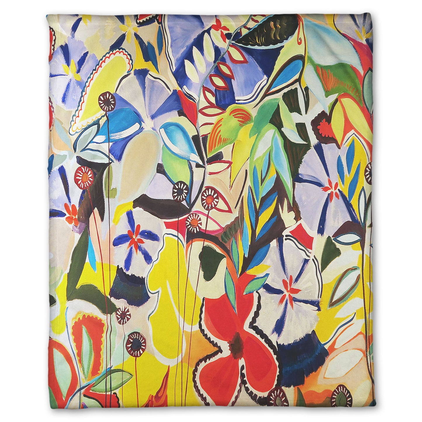 Coral fleece throw blanket designed with an abstract painting of a variety of flowers and leaves in vibrant, flat colors.