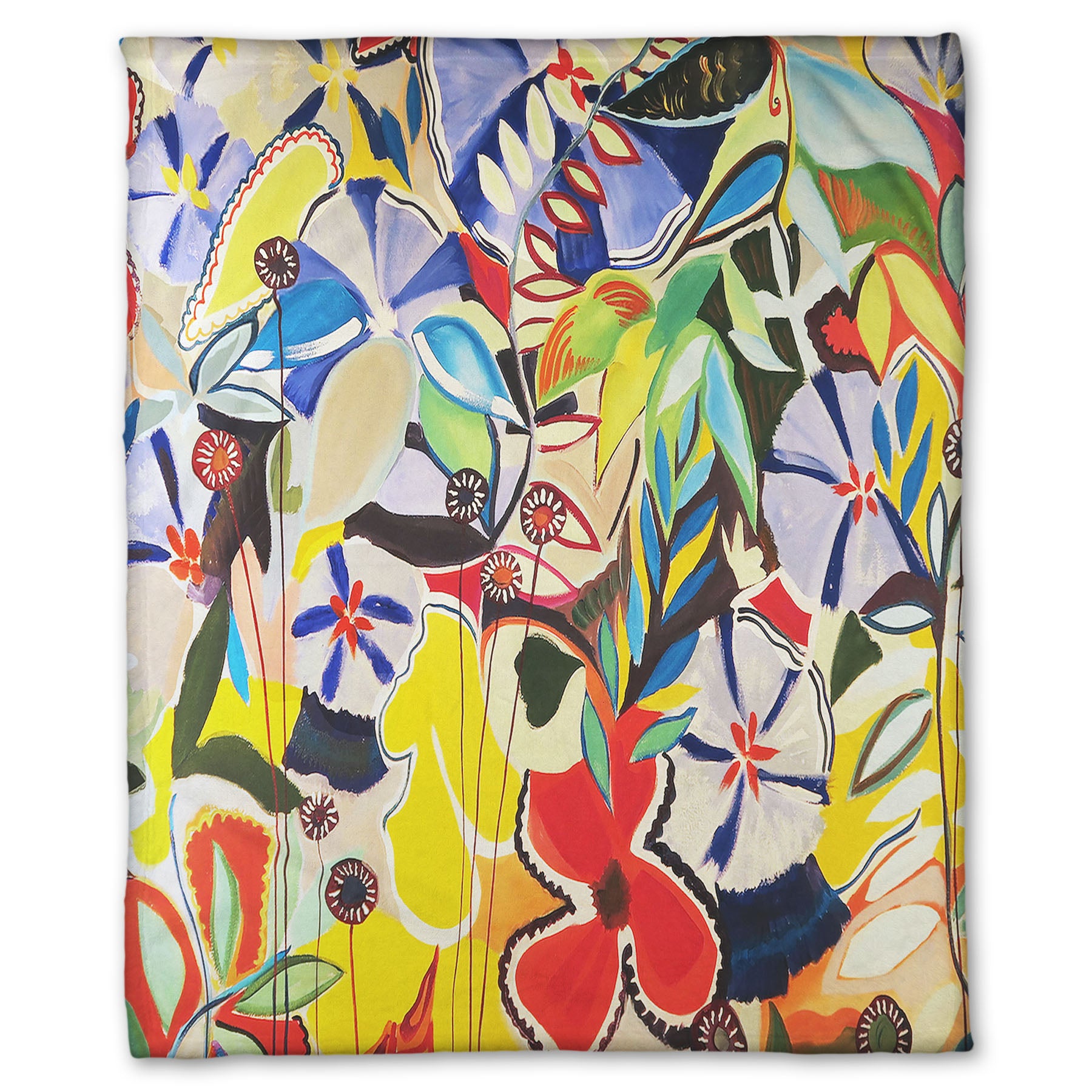 Coral fleece throw blanket designed with an abstract painting of a variety of flowers and leaves in vibrant, flat colors.