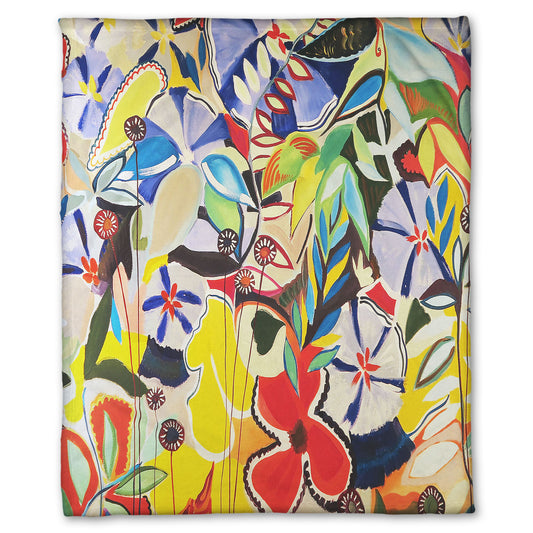 Coral fleece throw blanket designed with an abstract painting of a variety of flowers and leaves in vibrant, flat colors.