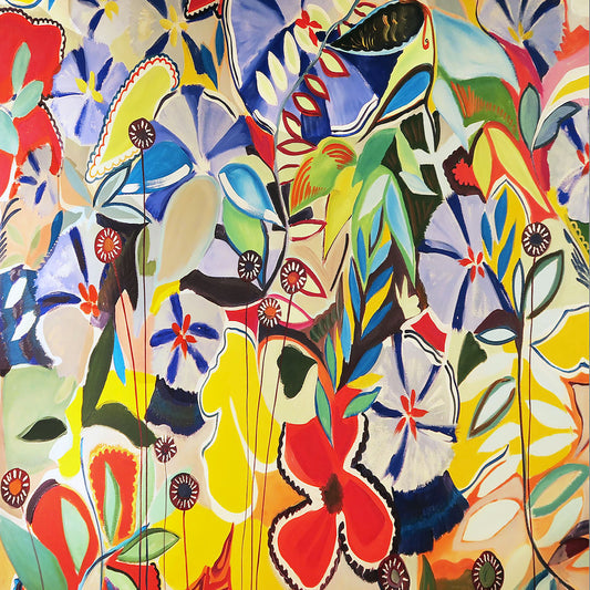 An abstract painting of a variety of flowers and leaves in vibrant, flat colors.