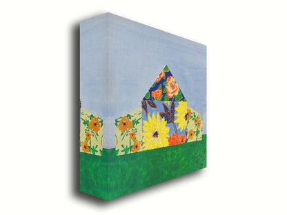 An abstract painting of a barn silhouette formed of flower patterns, sitting on a green ground plane against a pale blue sky. Printed on canvas.