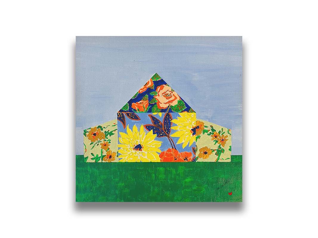 An abstract painting of a barn silhouette formed of flower patterns, sitting on a green ground plane against a pale blue sky. Printed on canvas.