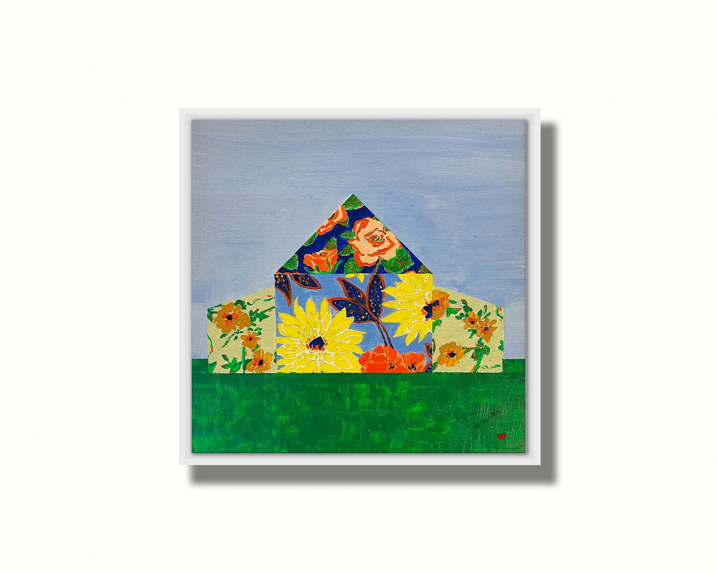 An abstract painting of a barn silhouette formed of flower patterns, sitting on a green ground plane against a pale blue sky. Printed on canvas in a float frame.