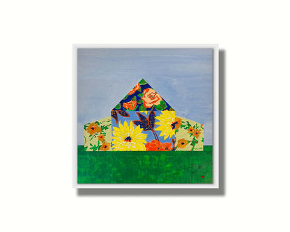 An abstract painting of a barn silhouette formed of flower patterns, sitting on a green ground plane against a pale blue sky. Printed on canvas in a float frame.