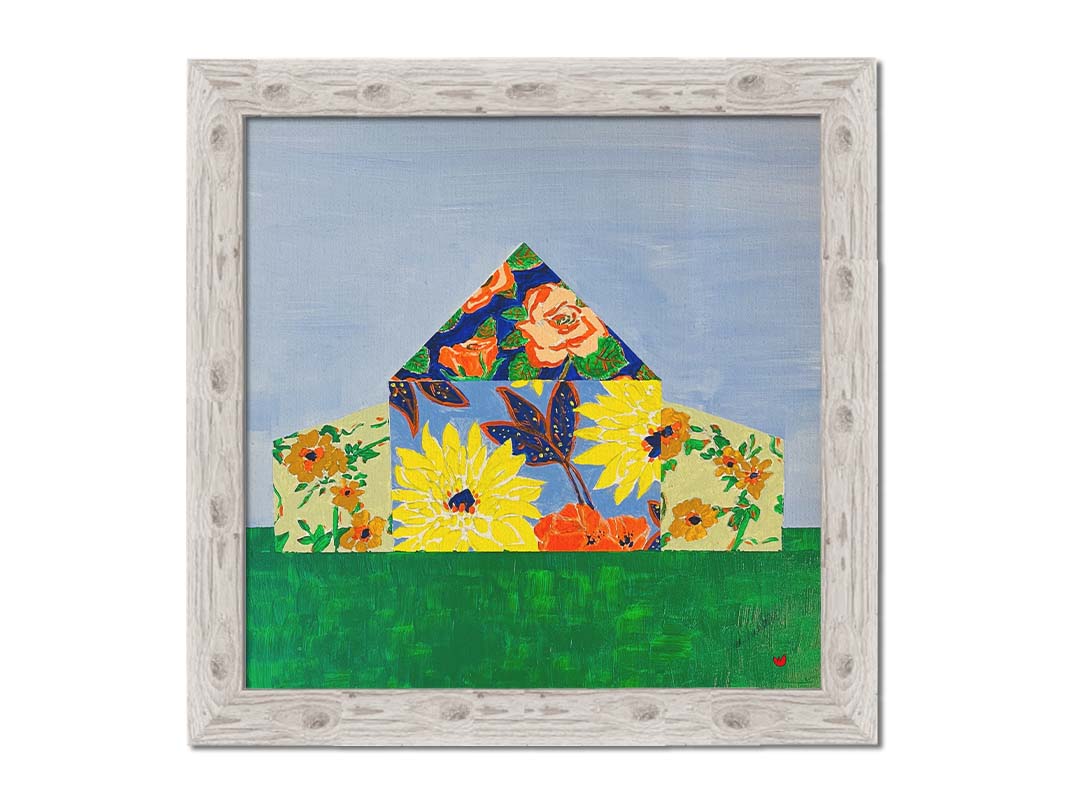 An abstract painting of a barn silhouette formed of flower patterns, sitting on a green ground plane against a pale blue sky. Printed on canvas and framed.