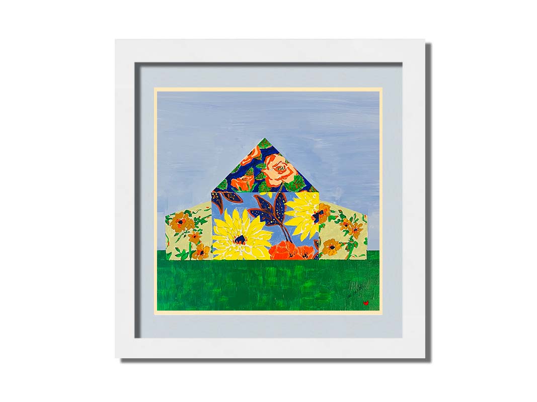 An abstract painting of a barn silhouette formed of flower patterns, sitting on a green ground plane against a pale blue sky. Printed on paper, matted, and framed.