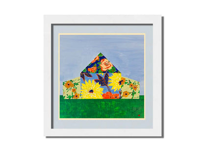 An abstract painting of a barn silhouette formed of flower patterns, sitting on a green ground plane against a pale blue sky. Printed on paper, matted, and framed.