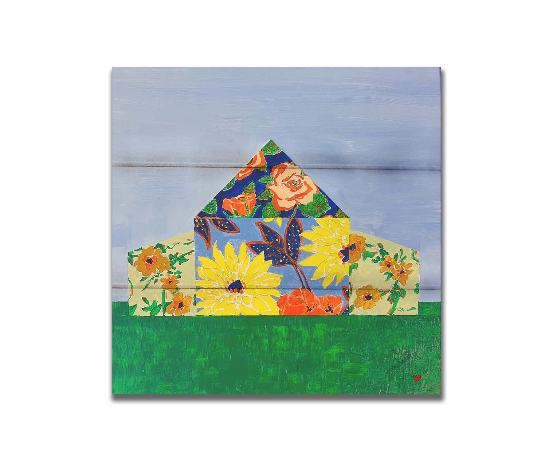 An abstract painting of a barn silhouette formed of flower patterns, sitting on a green ground plane against a pale blue sky. Printed on a box board.