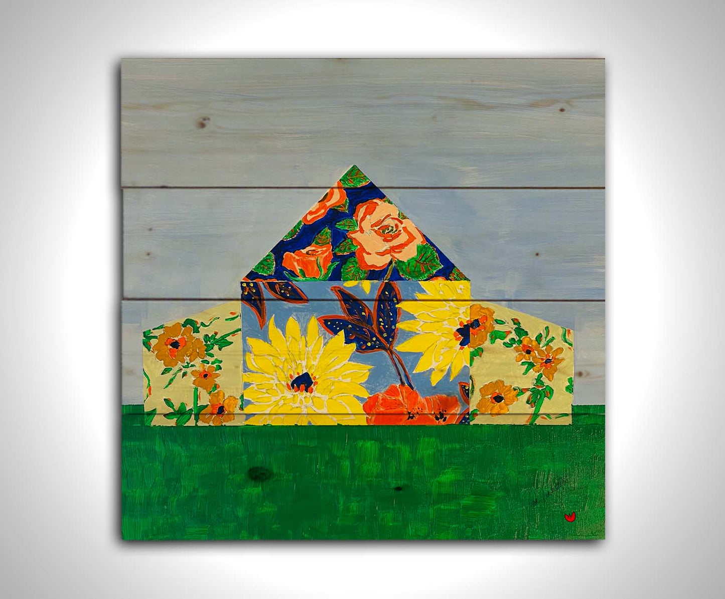 An abstract painting of a barn silhouette formed of flower patterns, sitting on a green ground plane against a pale blue sky. Printed on a wood pallet.