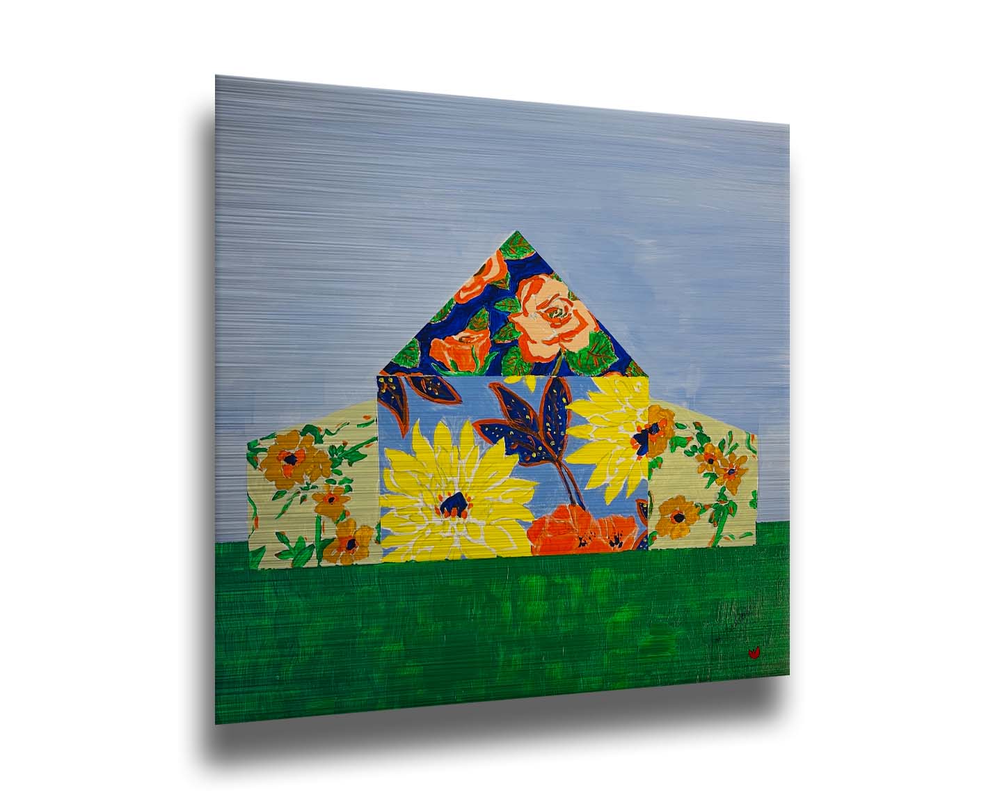 An abstract painting of a barn silhouette formed of flower patterns, sitting on a green ground plane against a pale blue sky. Printed on metal.