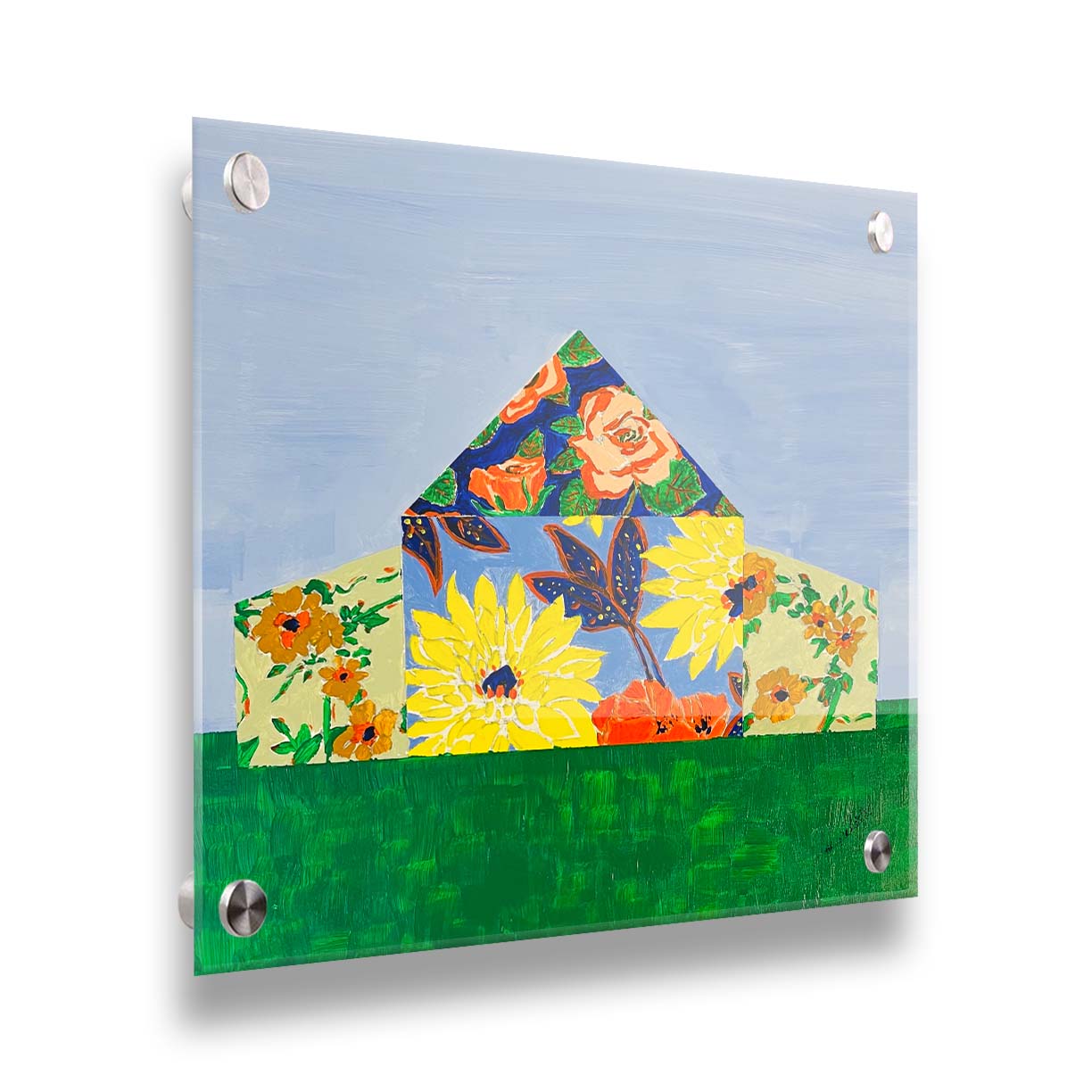 An abstract painting of a barn silhouette formed of flower patterns, sitting on a green ground plane against a pale blue sky. Printed on acrylic.