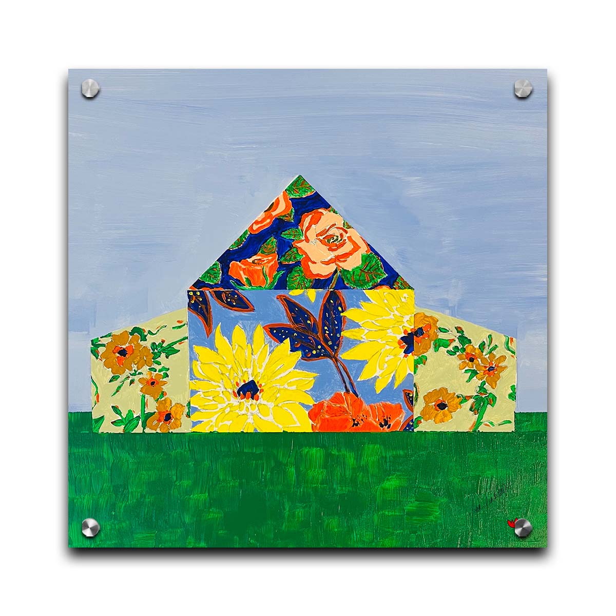 An abstract painting of a barn silhouette formed of flower patterns, sitting on a green ground plane against a pale blue sky. Printed on acrylic.