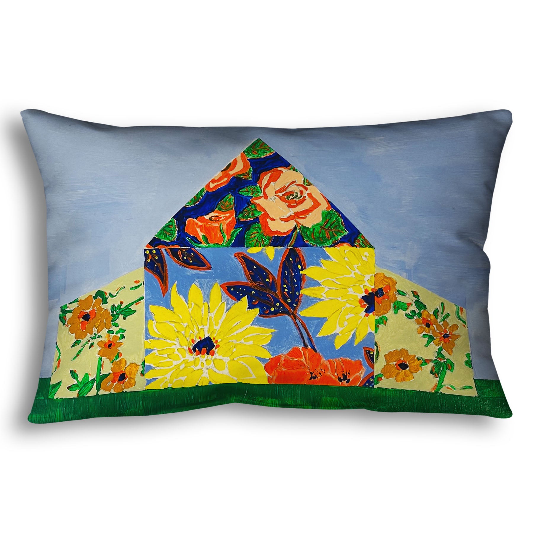 A throw pillow designed with an abstract painting of a barn silhouette formed of flower patterns, sitting on a green ground plane against a pale blue sky.