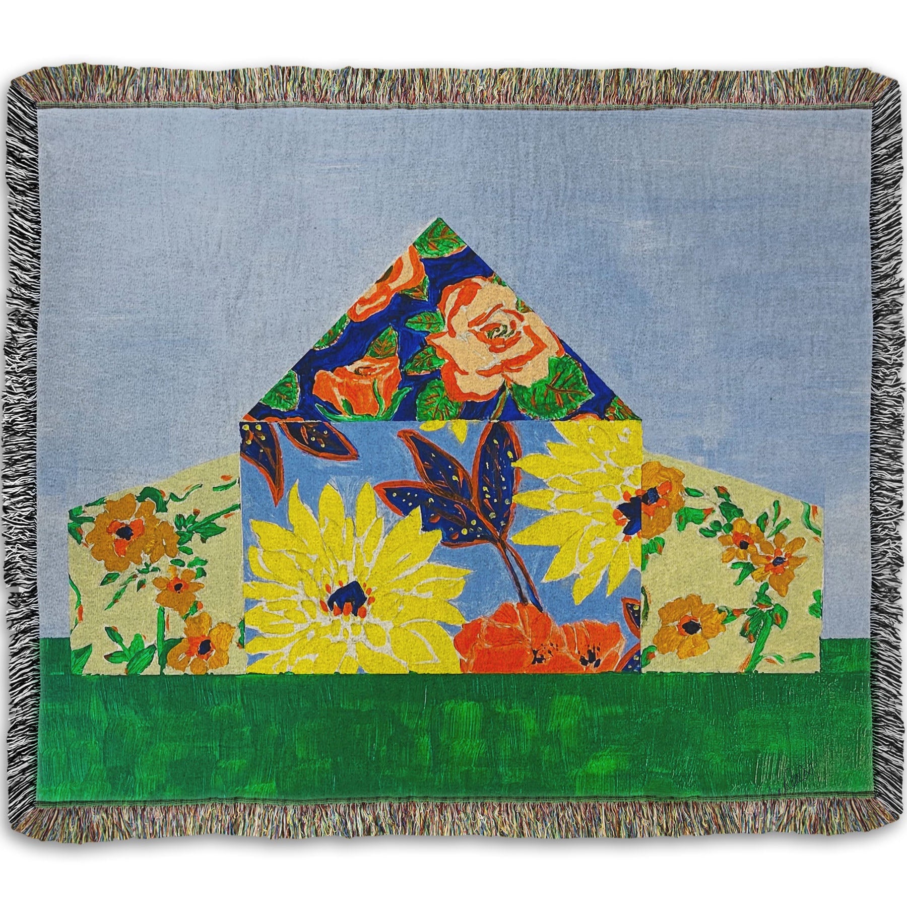 A woven throw blanket designed with an abstract painting of a barn silhouette formed of flower patterns, sitting on a green ground plane against a pale blue sky.