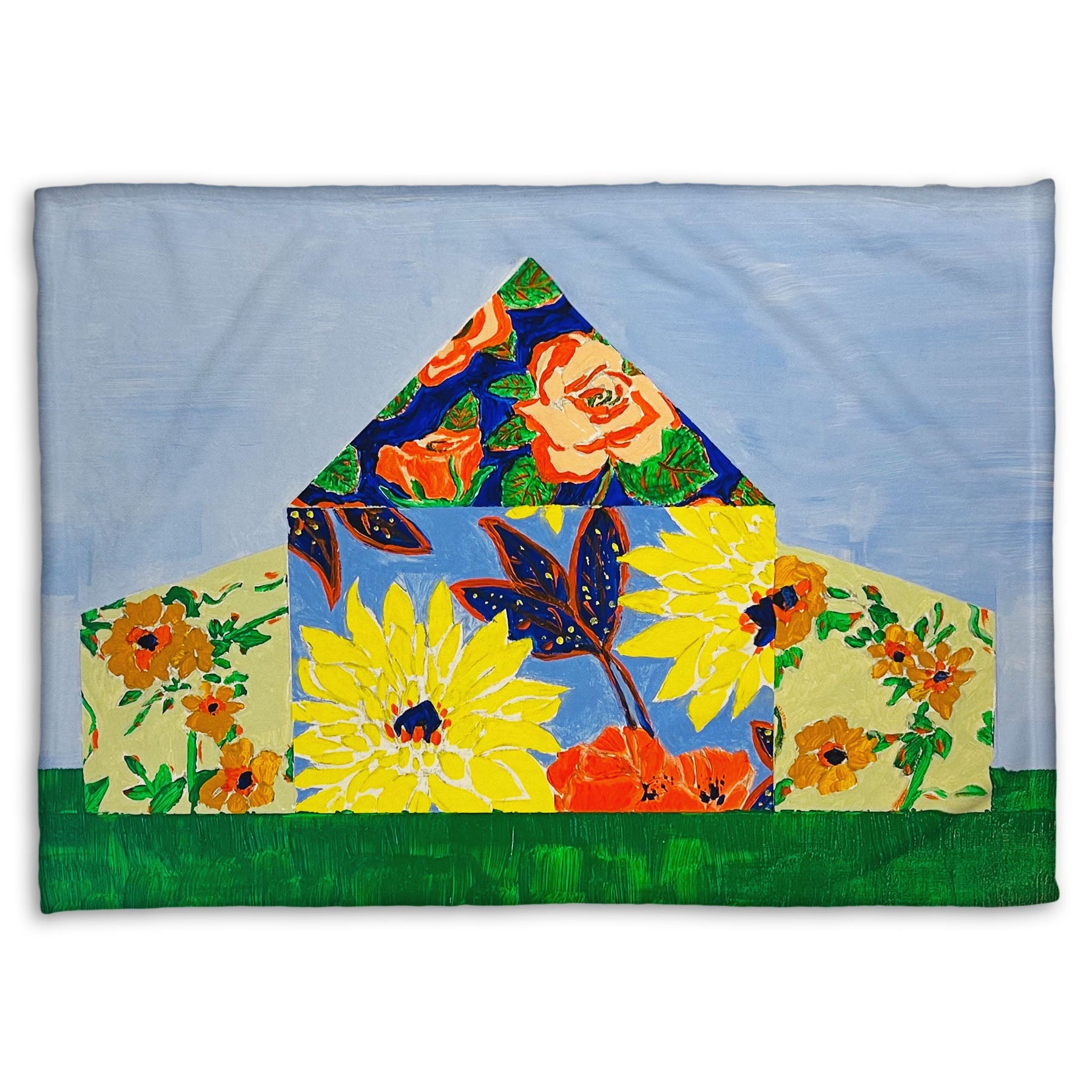 A fleece throw blanket designed with an abstract painting of a barn silhouette formed of flower patterns, sitting on a green ground plane against a pale blue sky.