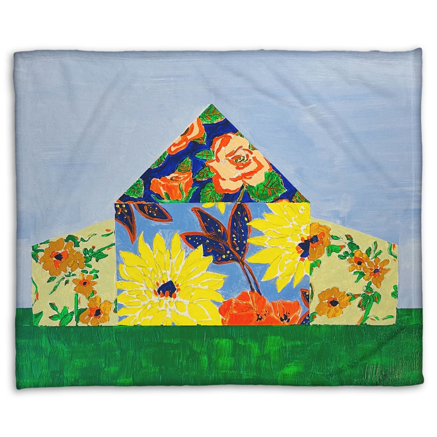 A fleece throw blanket designed with an abstract painting of a barn silhouette formed of flower patterns, sitting on a green ground plane against a pale blue sky.