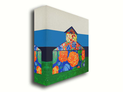 An abstract painting of a barn made up of various floral patterns. It is sitting on a green ground plane with a blue striped background. Printed on canvas.