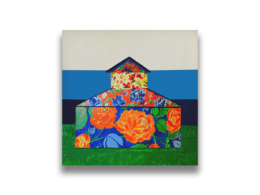 An abstract painting of a barn made up of various floral patterns. It is sitting on a green ground plane with a blue striped background. Printed on canvas.