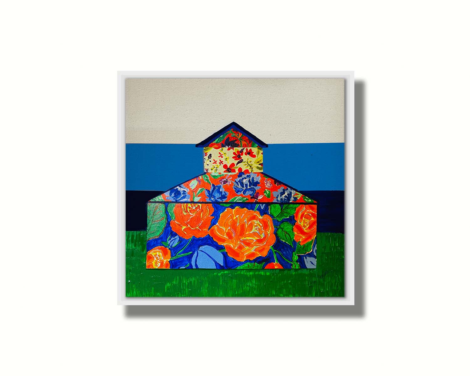 An abstract painting of a barn made up of various floral patterns. It is sitting on a green ground plane with a blue striped background. Printed on canvas in a float frame.