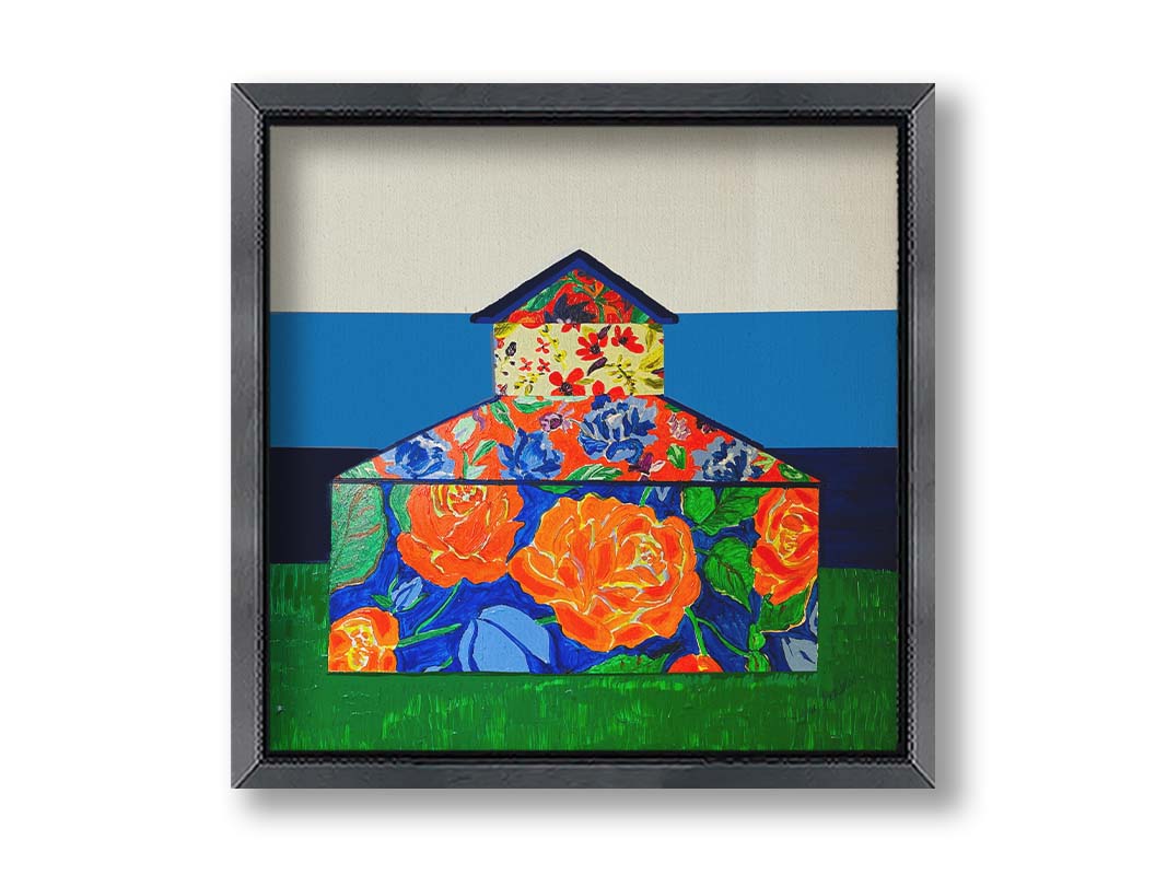 An abstract painting of a barn made up of various floral patterns. It is sitting on a green ground plane with a blue striped background. Printed on canvas and framed.