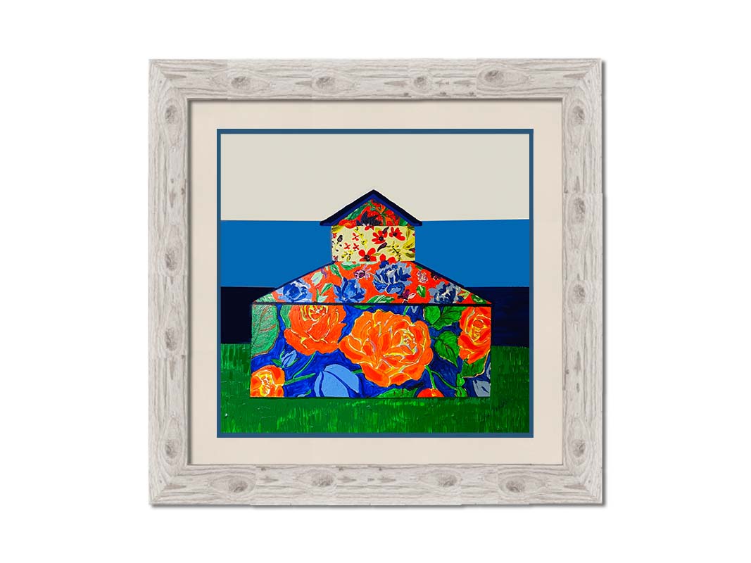 An abstract painting of a barn made up of various floral patterns. It is sitting on a green ground plane with a blue striped background. Printed on paper, matted, and framed.