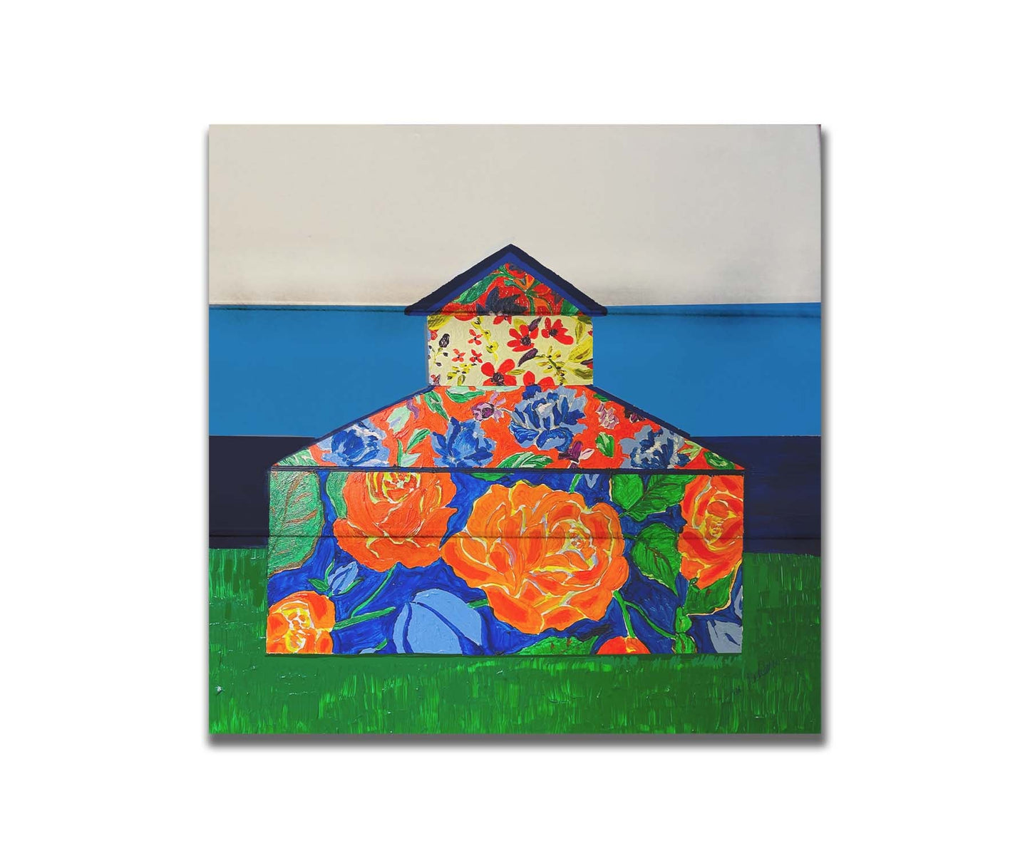 An abstract painting of a barn made up of various floral patterns. It is sitting on a green ground plane with a blue striped background. Printed on a box board.