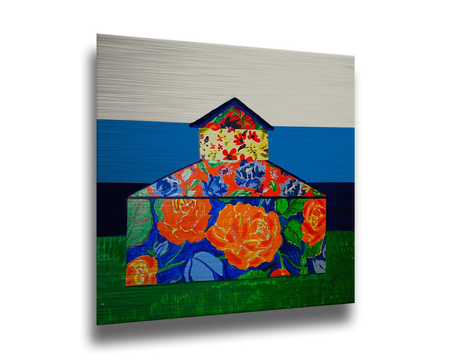 An abstract painting of a barn made up of various floral patterns. It is sitting on a green ground plane with a blue striped background. Printed on metal.