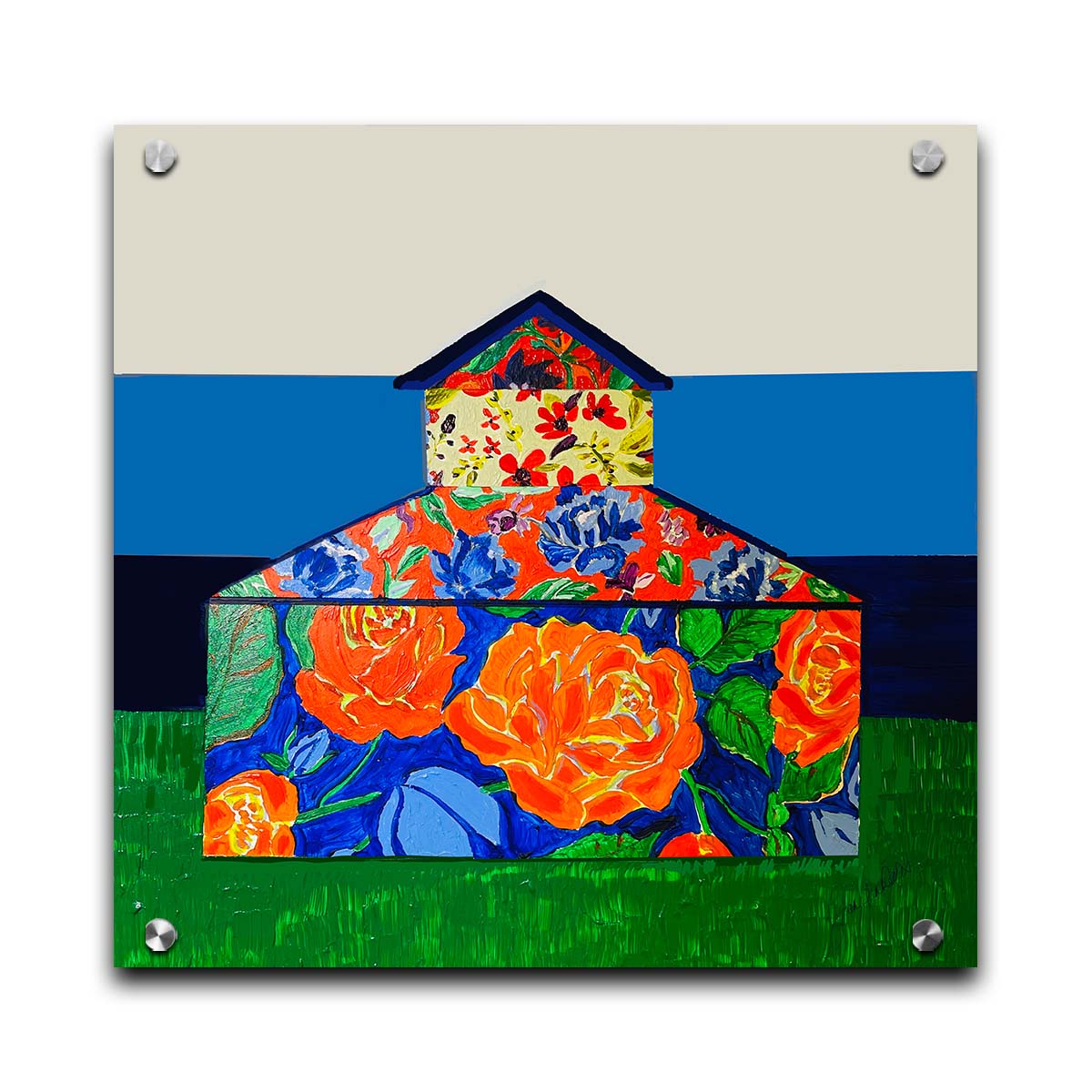 An abstract painting of a barn made up of various floral patterns. It is sitting on a green ground plane with a blue striped background. Printed on acrylic.