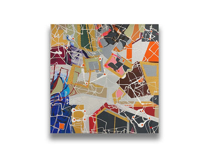 An abstract painting of many geometric shapes, forming a pattern that invokes the feeling of architecture and houses. Printed on canvas.