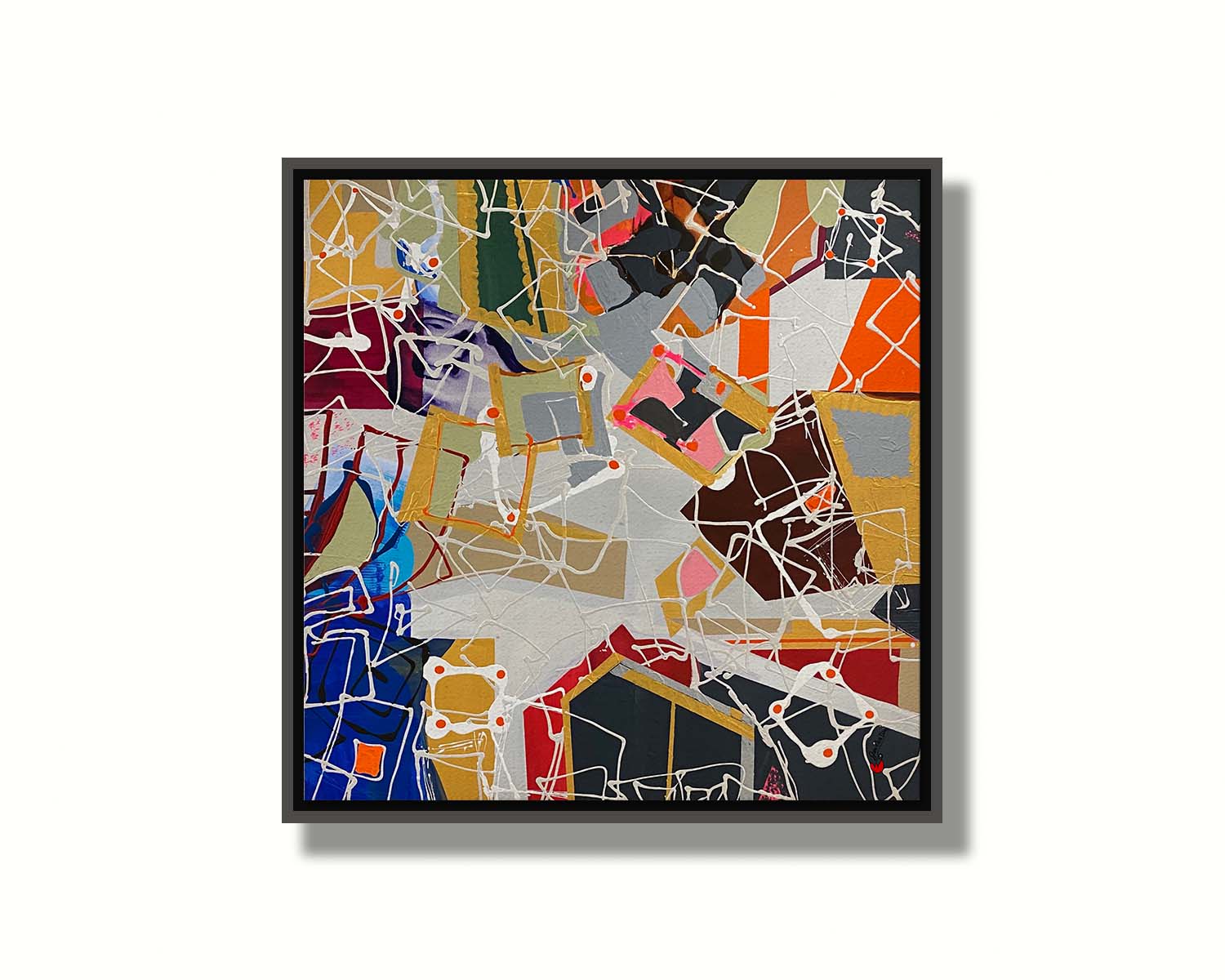 An abstract painting of many geometric shapes, forming a pattern that invokes the feeling of architecture and houses. Printed on canvas in a float frame.