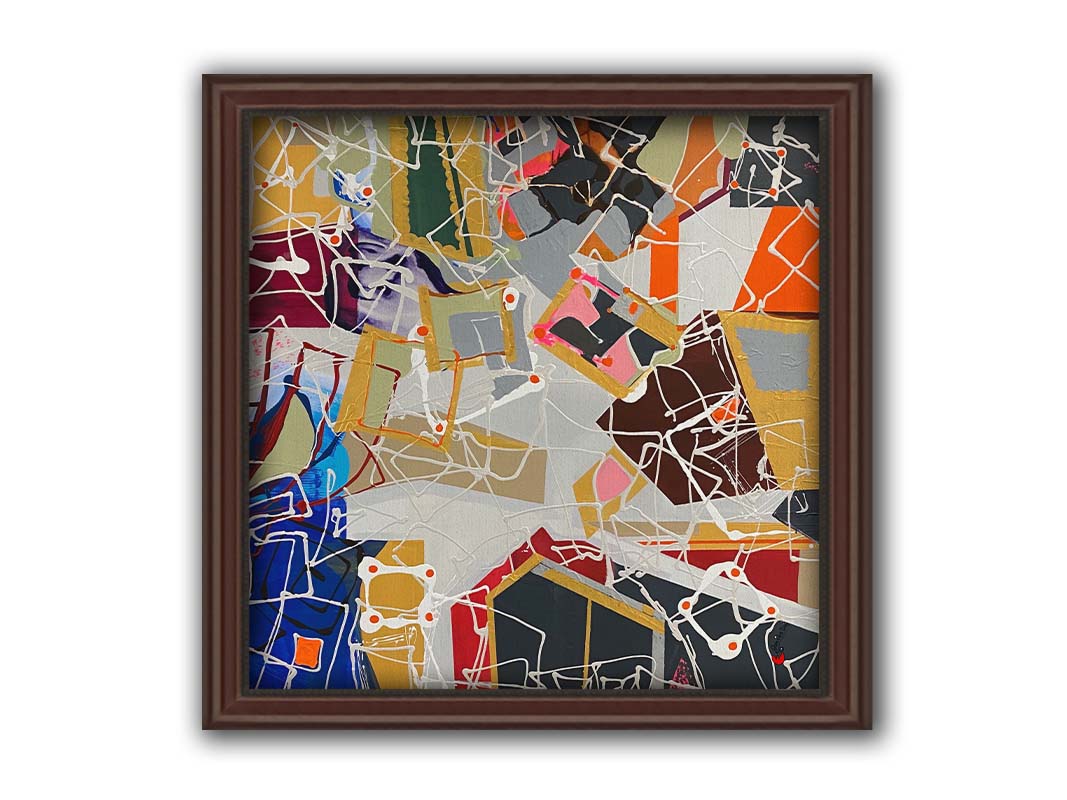 An abstract painting of many geometric shapes, forming a pattern that invokes the feeling of architecture and houses. Printed on canvas and framed.