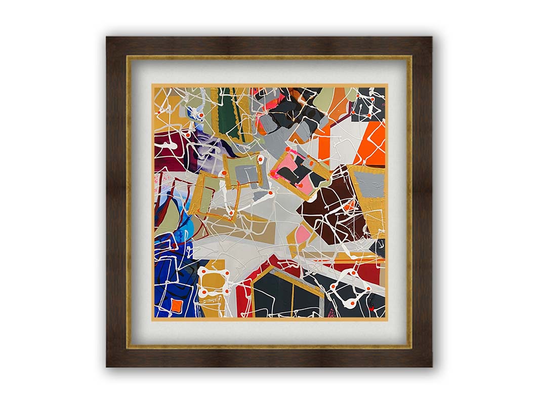 An abstract painting of many geometric shapes, forming a pattern that invokes the feeling of architecture and houses. Printed on paper, matted, and framed.