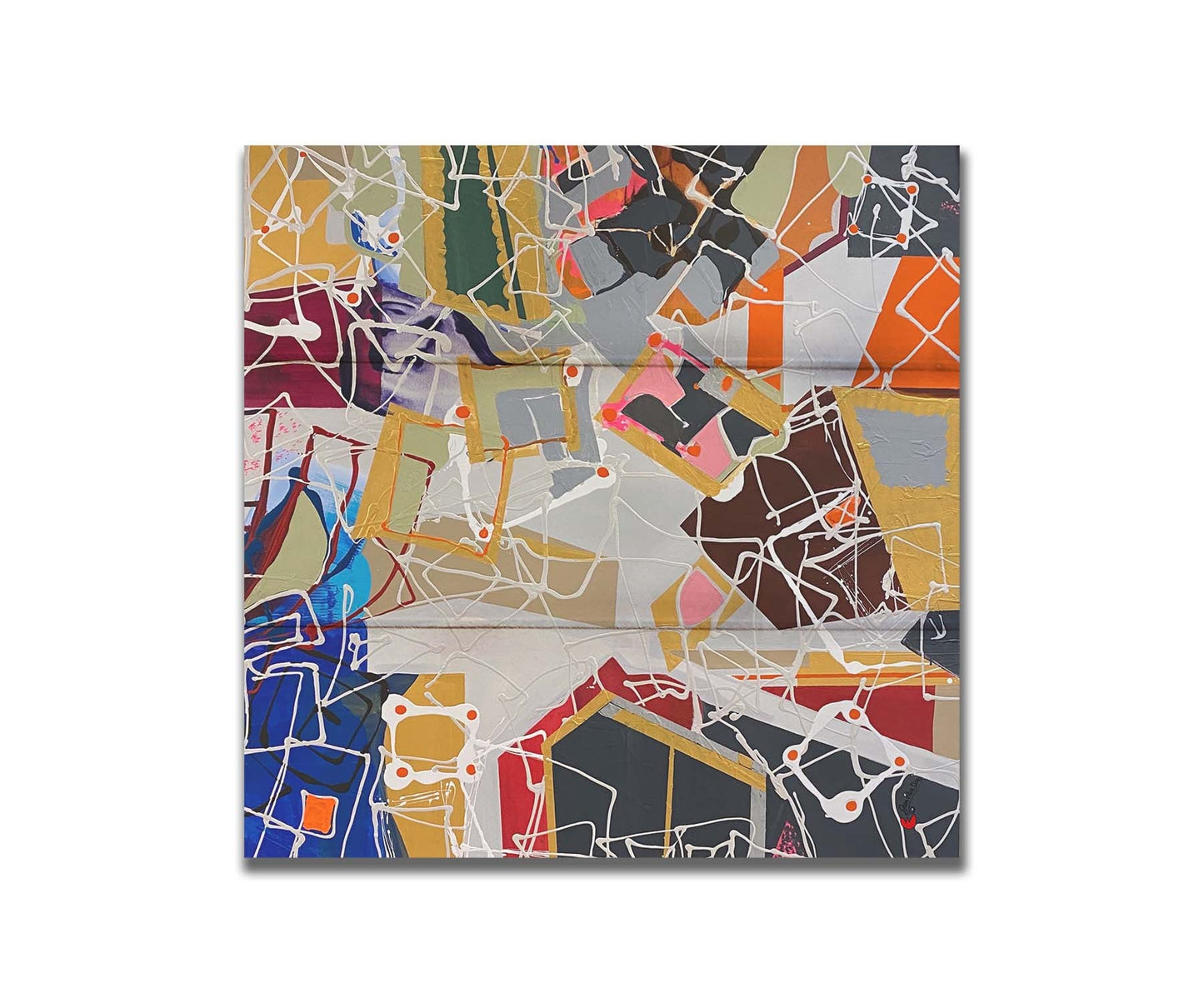 An abstract painting of many geometric shapes, forming a pattern that invokes the feeling of architecture and houses. Printed on a box board.