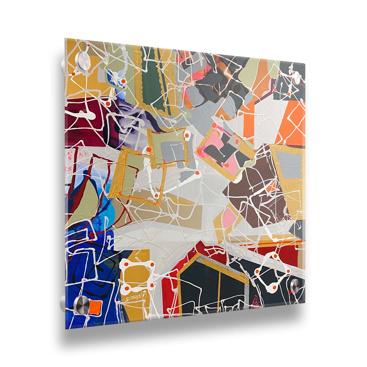 An abstract painting of many geometric shapes, forming a pattern that invokes the feeling of architecture and houses. Printed on acrylic.