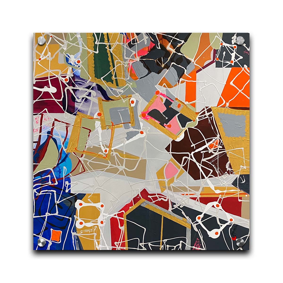 An abstract painting of many geometric shapes, forming a pattern that invokes the feeling of architecture and houses. Printed on acrylic.