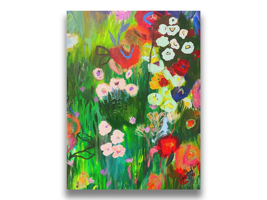 An abstract painting of a vibrant garden, simplified with flat colors and shapes. Printed on canvas.