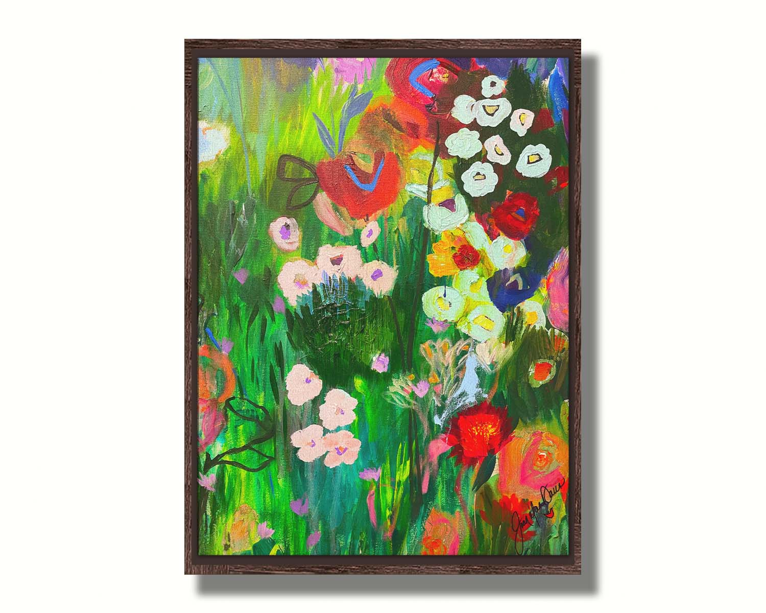 An abstract painting of a vibrant garden, simplified with flat colors and shapes. Printed on canvas in a float frame.