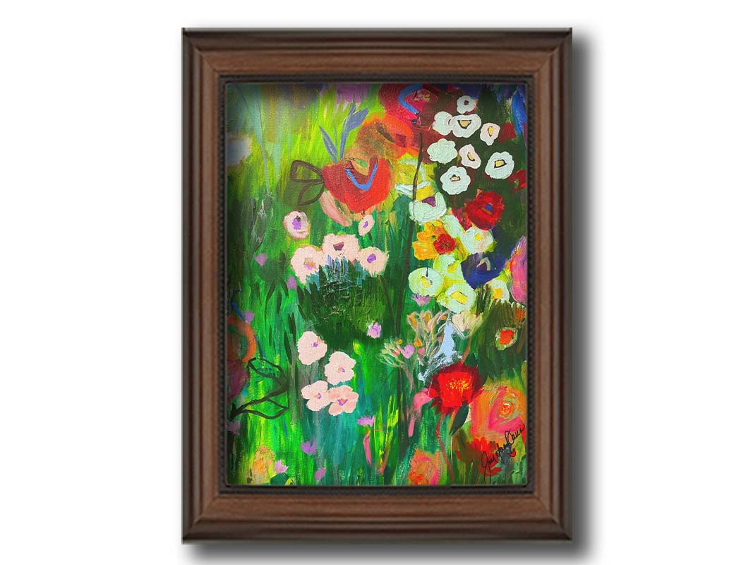 An abstract painting of a vibrant garden, simplified with flat colors and shapes. Printed on canvas and framed.