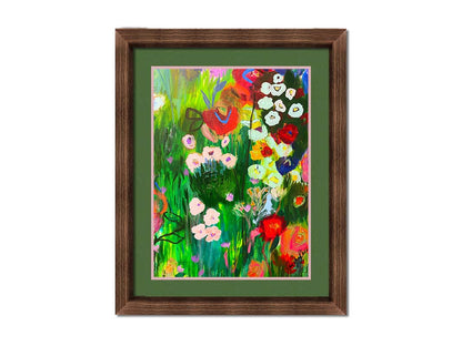 An abstract painting of a vibrant garden, simplified with flat colors and shapes. Printed on paper, matted, and framed.